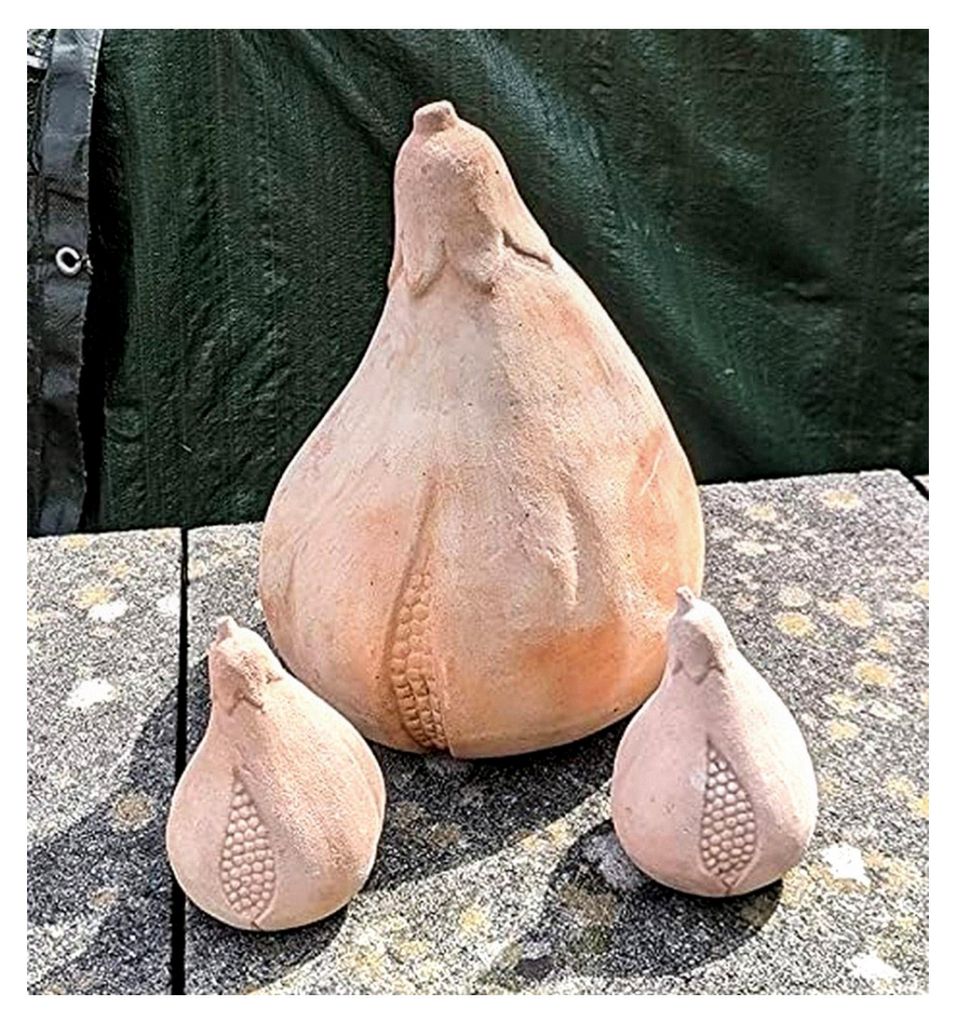3er Set Feigen - Kürbisse aus Terrakotta, 1 x groß 32 cm hoch, 2 x klein 14 cm hoch Herbstdeko Garten Obst Figur Landhaus Erntedankfest