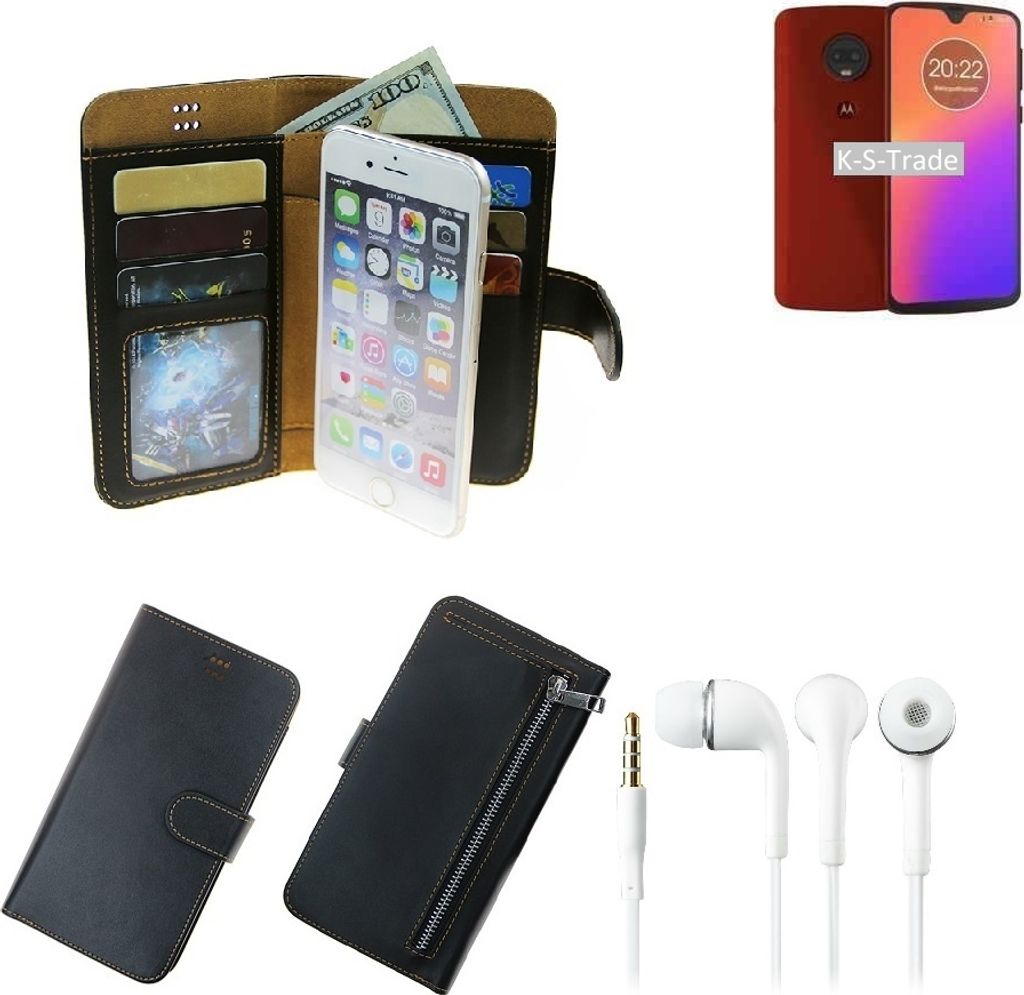 TOP SET Handy Hülle Schutz Hülle kompatibel mit Motorola Moto G7 Plus schwarz aus Kunstleder + Kopfhörer Smartphone Tasche vollwertige Geldbörse