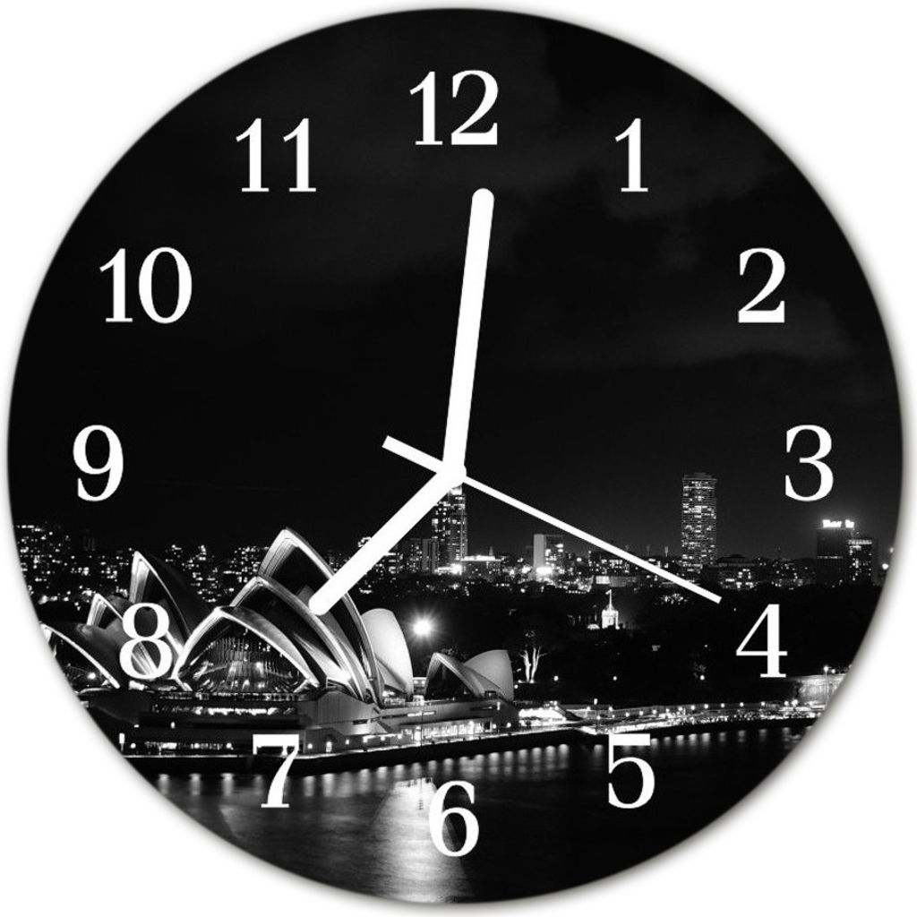 Glasuhr Wanduhr Küchenuhr Echt-Glas 30fi cm Skyline Sidney schwarz-weiß