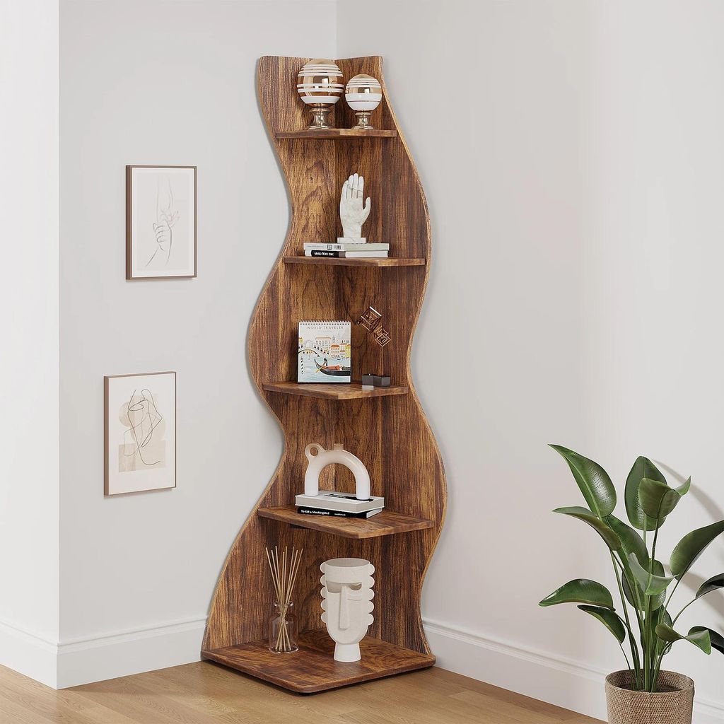 Eckregal Bücherregal - 5-stöckiges Regal - Platzsparend - Kleines Bücherregal - Pflanzenständer - Für Wohnzimmer - Zur Selbstmontage - Dunkelk...