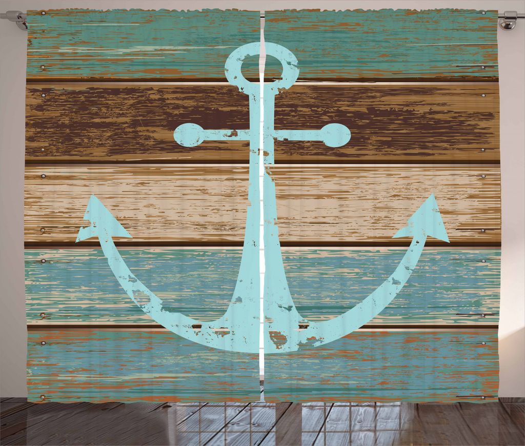ABAKUHAUS Anker Rustikaler Gardine, Nautical Rustic, Schlafzimmer Kräuselband Vorhang mit Schlaufen und Haken, 280 x 245 cm, Pale Blue Brown Teal