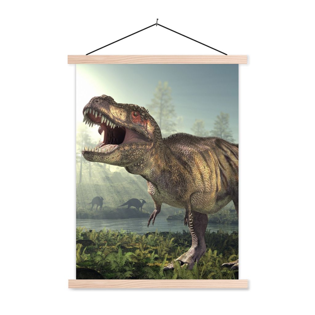 MuchoWow Textilposter Dino - Gras - Zeichnung - Kinder - Jungen 60x80 cm mit holzfarbenen Rahmen - Wandbild