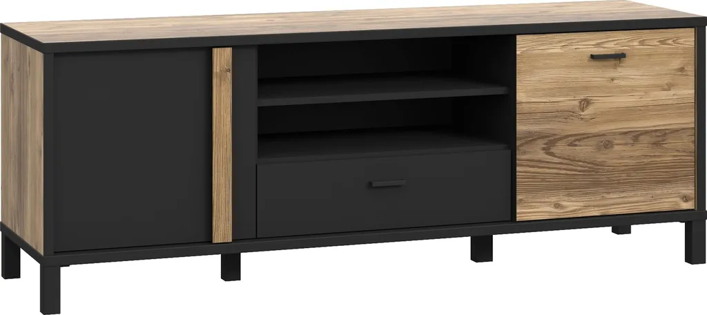 Meuble de salon HAYATO pour grand écran TV décor épicéa et noir mat