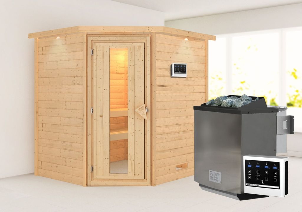 Karibu Sauna Innensauna Mia Eckeinstieg Ofen 9 kW externe Strg easy 224x184x202 cm mit Dachkranz mit Energiespartür