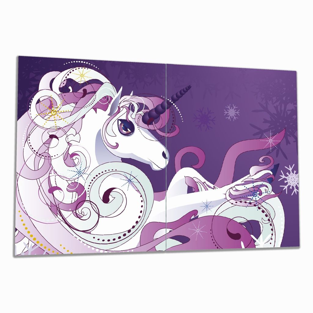 Wallario Herdabdeckplatte aus Glas, Größe 80 x 52 cm 2-teilig, Motiv Einhorn in lila und pink