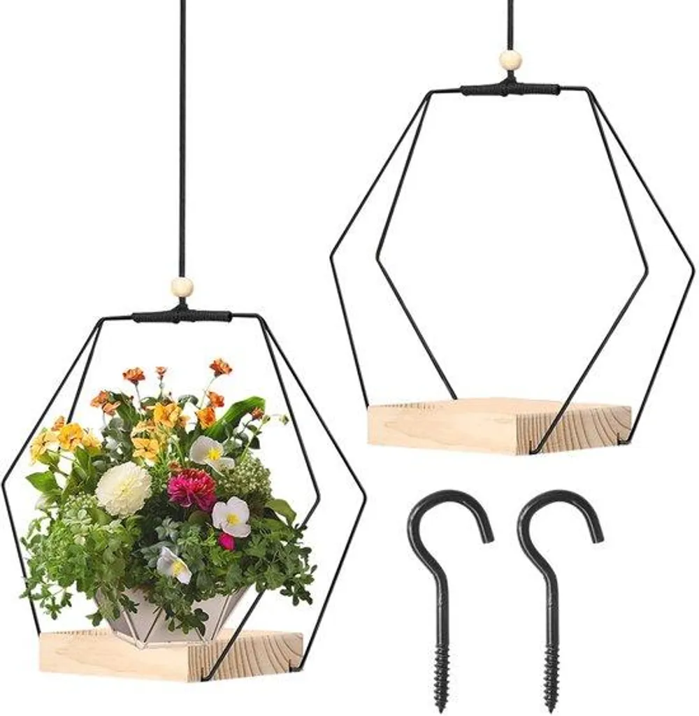 Support pot de fleur suspendu noir et bois 93 cm pour déco intérieure