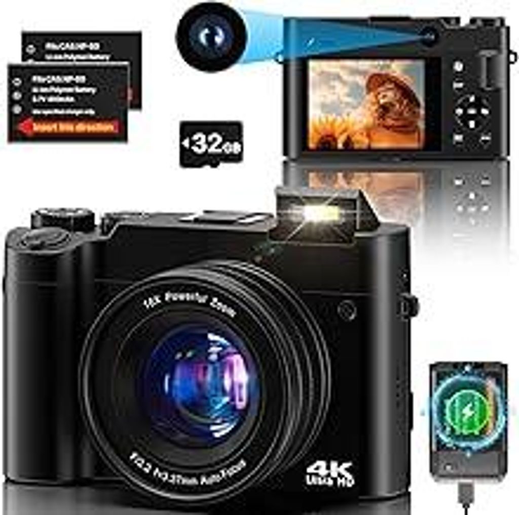 Digitalkamera 4K?64 MP Fotokamera Dual Kamera Anti-Shake Vlogging Fotokamera mit 32GB Speicherkarte, 16X Digitalzoom, 2 Akkus& Ladegerät?und Einst...