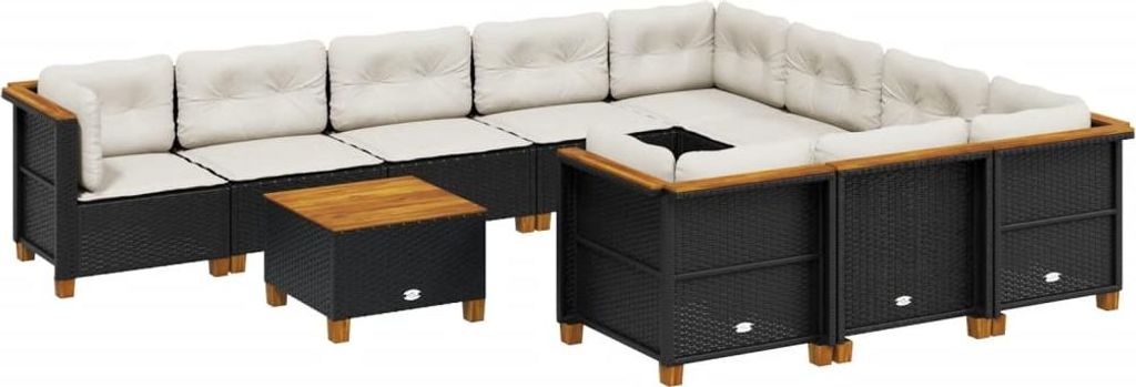 vidaXL 11-tlg. Garten-Sofagarnitur mit Kissen Schwarz Poly Rattan