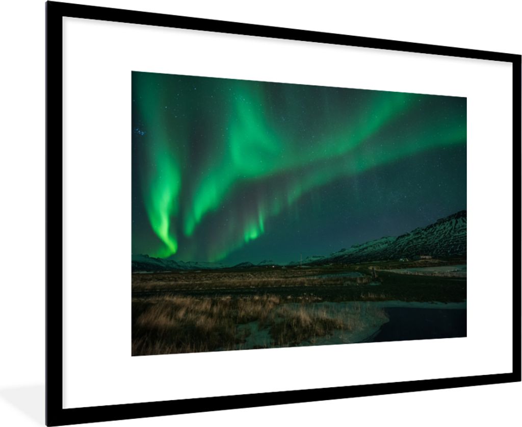 MuchoWow MuchoWow Gerahmtes Poster Nordlichter - Natur - Island 90x60 cm - Poster mit zchwarzem Bilderrahmen - Wanddekoration - Fotos