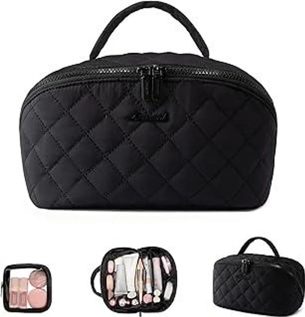 LOVEVOOK Borsa cosmetici da donna, organizer da toilette con scomparti, borsa da toilette impermeabile, borsa per trucchi con design piatto a 180°, grande, borsa per trucchi lavabile in lavatrice per viaggi, nera