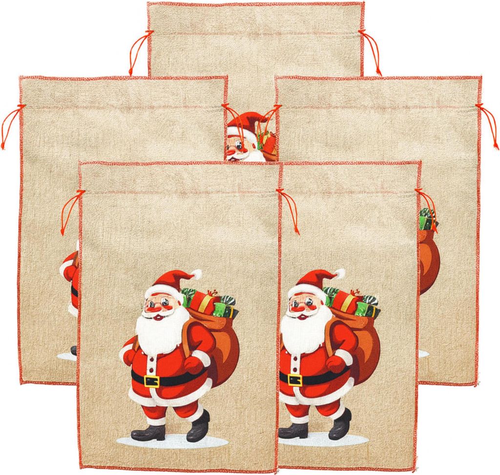 Festlicher 5er Nikolaussack 350x500mm Rot – Großer Weihnachtssack für Geschenke mit Weihnachtsmann Motiv