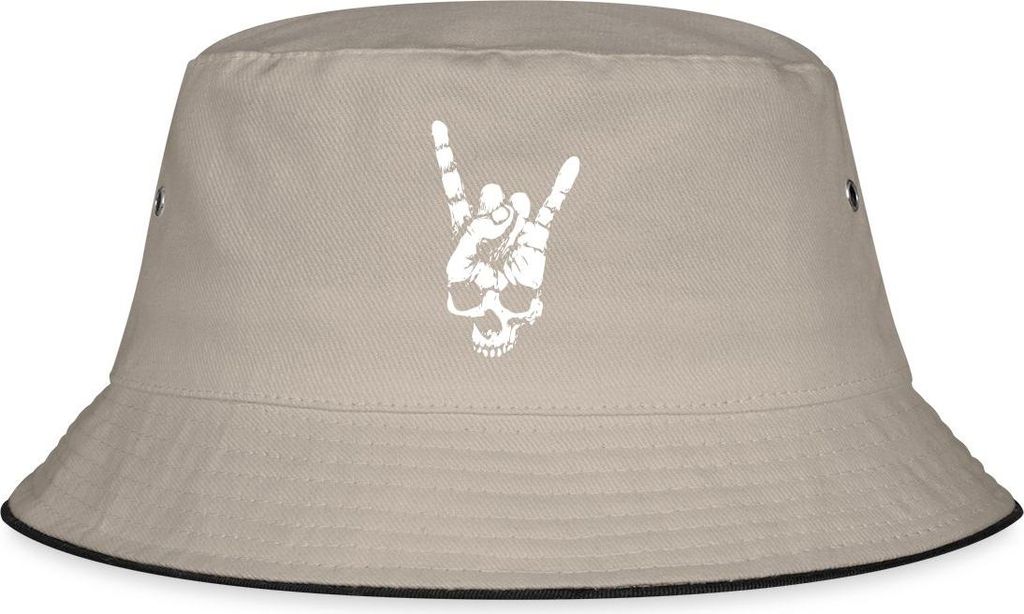 Spreadshirt Heavy Metal Totenkopf mit Teufelshörner Hand Fischerhut, S/M (Caps), Khaki/Schwarz