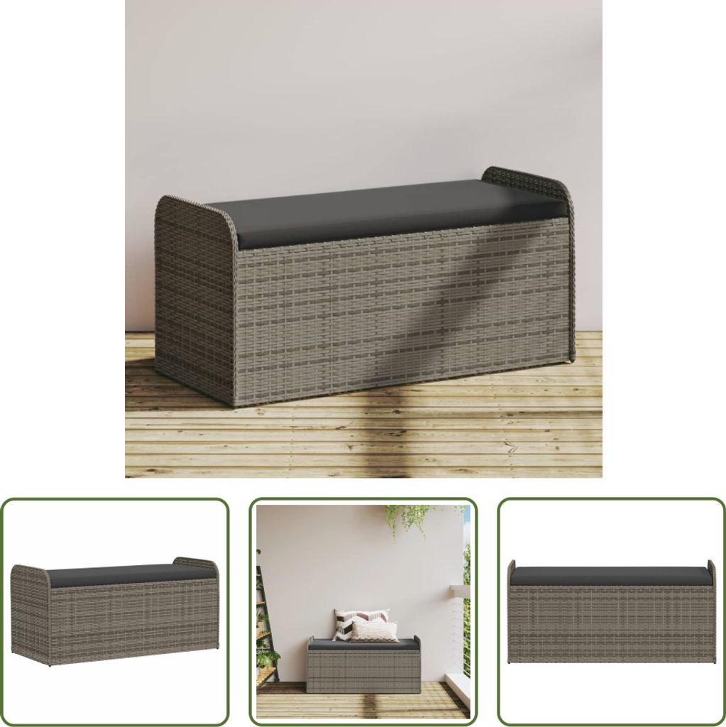 The Living Store Sitzbank mit Stauraum & Kissen Grau 115x51x52 cm Poly Rattan