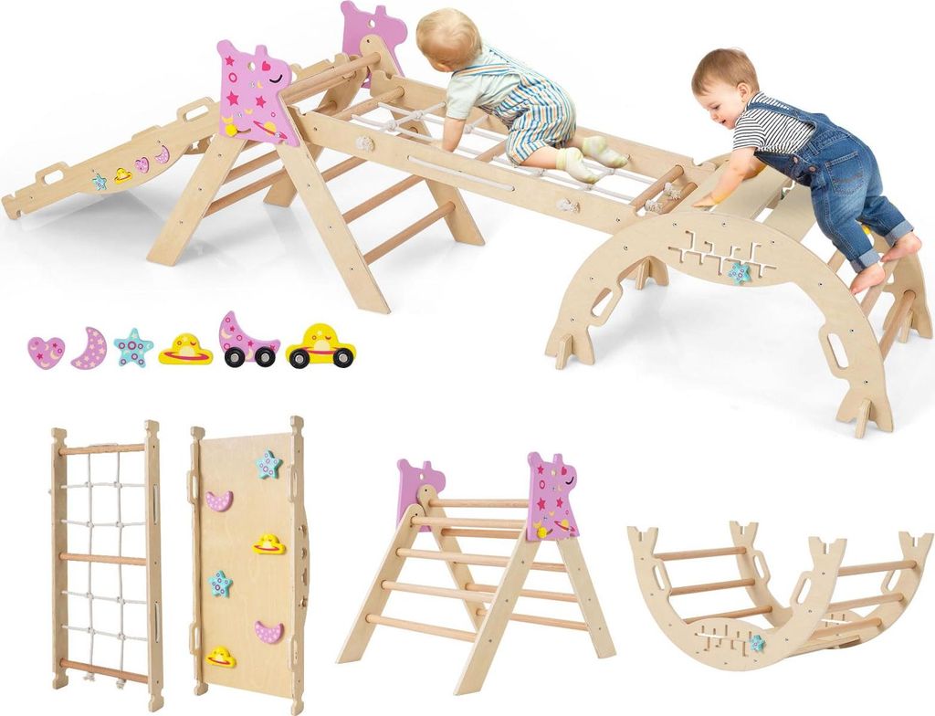 GOPLUS Klettergerüst, 4er Set Kletterspielzeug mit Kletternetz, Kletterbogen, Wippe & Leiter, inkl. Baustein Set, Kletterdreieck für Kinder, Einhorn