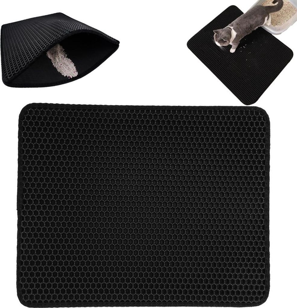 A collage of images showing a black honeycomb-patterned cat litter mat, including a close-up of the mat's texture, a cat using a litter box with the mat underneath, and a view of the mat's underside catching litter.