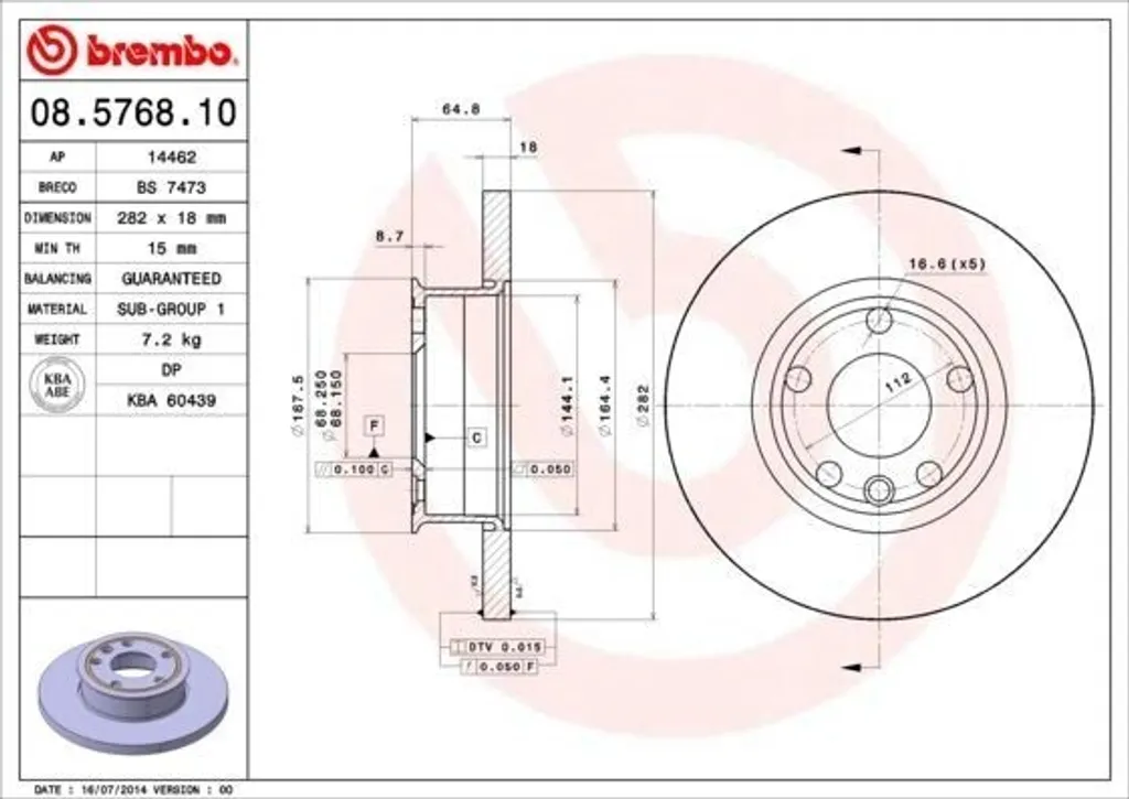 Disque de Frein Brembo 08.5768.10 Haute Résistance pour VW T4 Van