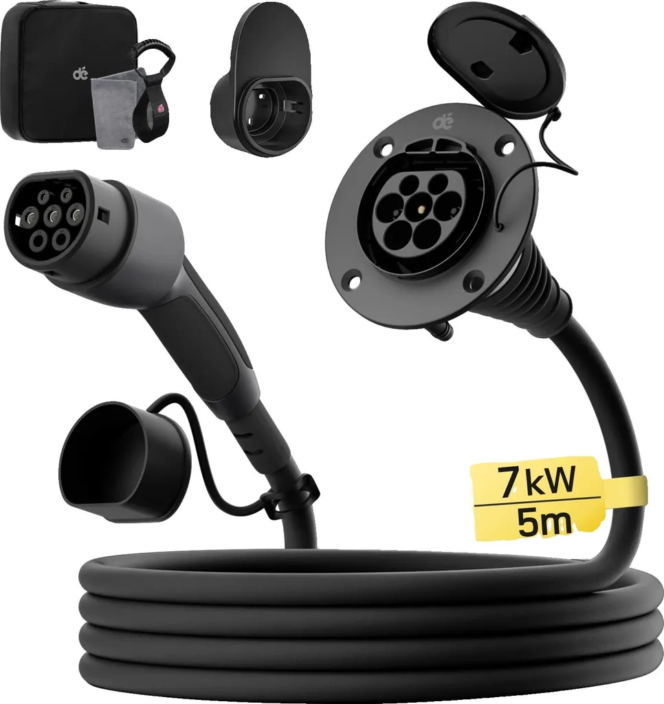 Câble recharge 7kW Type 2 5m 32A parfait pour stationnement extérieur