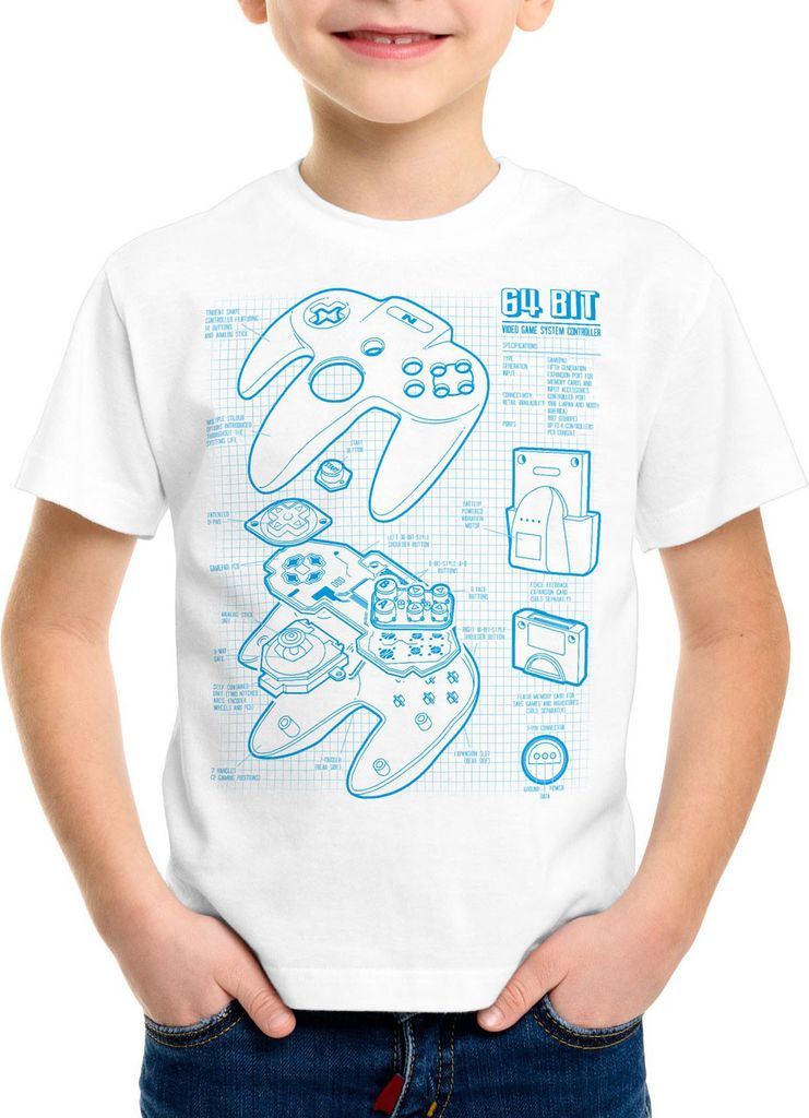 style3 N64 Controller Blaupause Kinder T-Shirt 64-Bit Videospiel