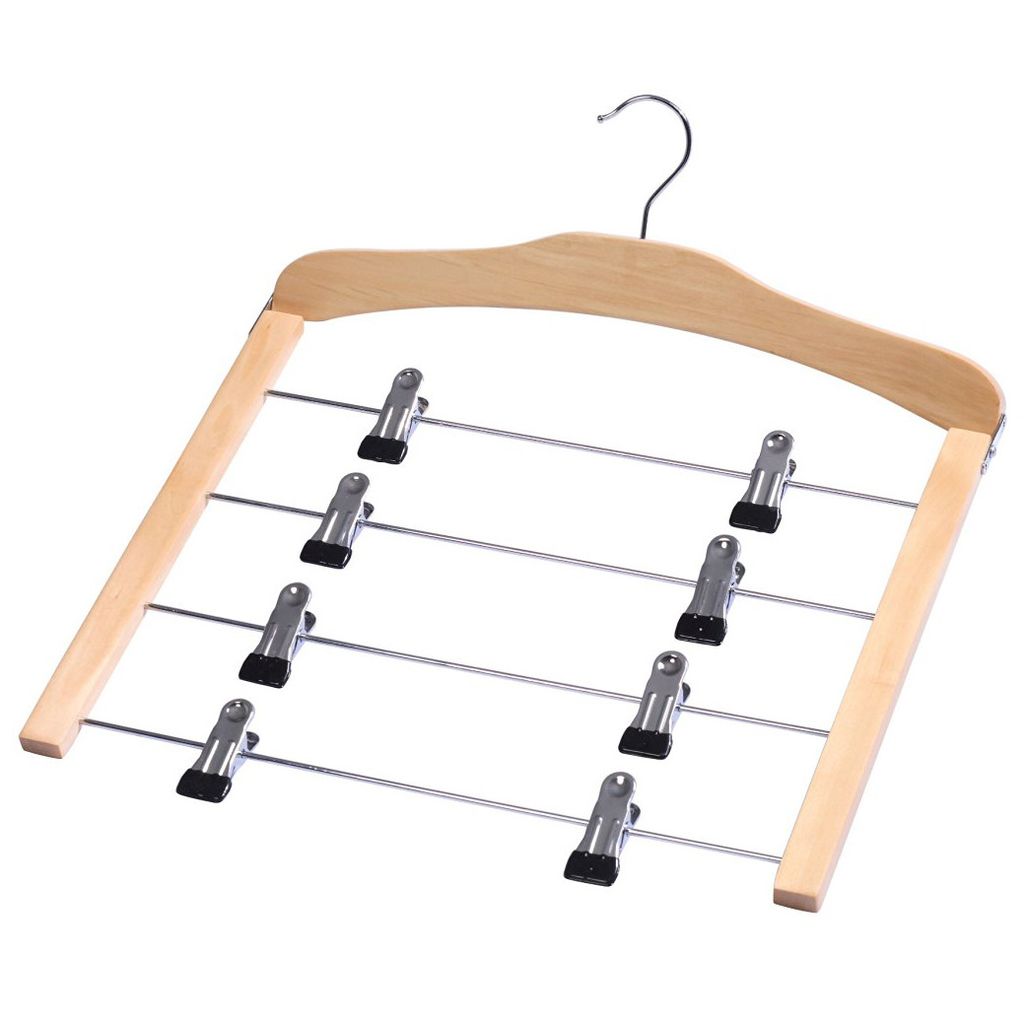 A multi-tier wooden hanger with metal clips for hanging clothes.