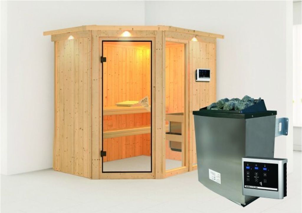 Karibu Sauna Innensauna Fiona 1 Eckeinstieg Ofen 9 KW externe Strg easy 210x165x202 cm mit Dachkranz