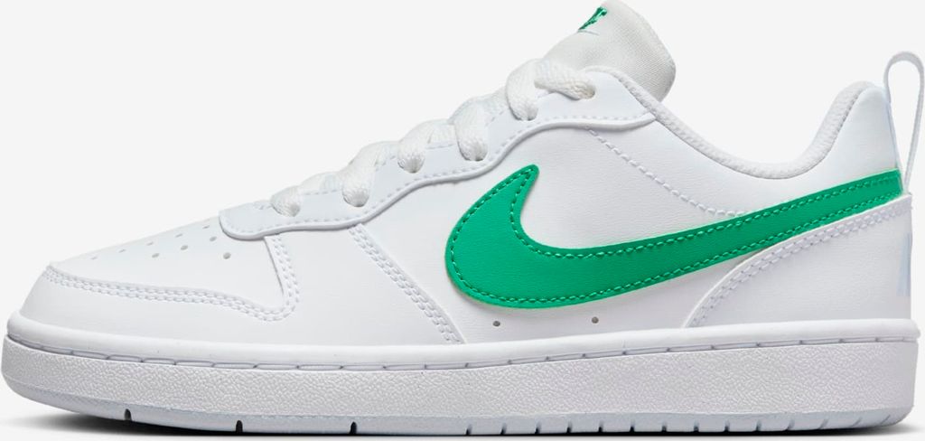 A white Nike Court Borough Low Recraft sneaker with green accents.