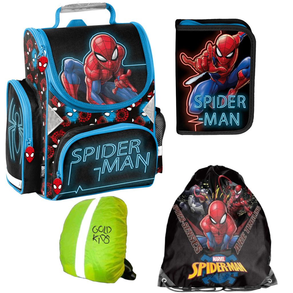 Spiderman Schulranzen ergonomischer Ranzen Turnbeutel Federmappe Aufgabenheft für die Grundschule 4er Set Lizenzartikel Marvel Spiderman Spider-ma...