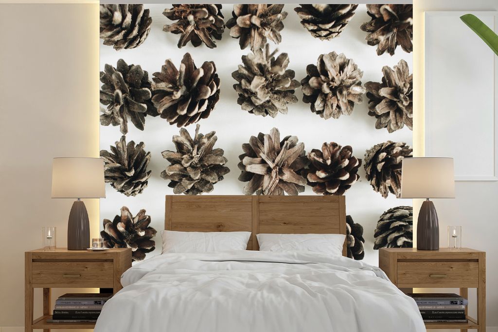 MuchoWow Fototapete für Wohnzimmer oder Schlafzimmer Wandtapete Vinyl Motivtapete Tannenzapfen - Winter - Weiß - 260x260 cm - Papiertapeten
