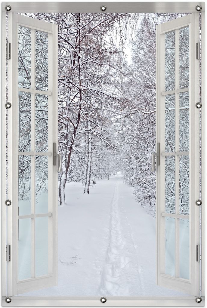 Wallario Outdoor-Poster für Garten oder Balkon 100 x 150 cm: Verschneiter Spazierweg