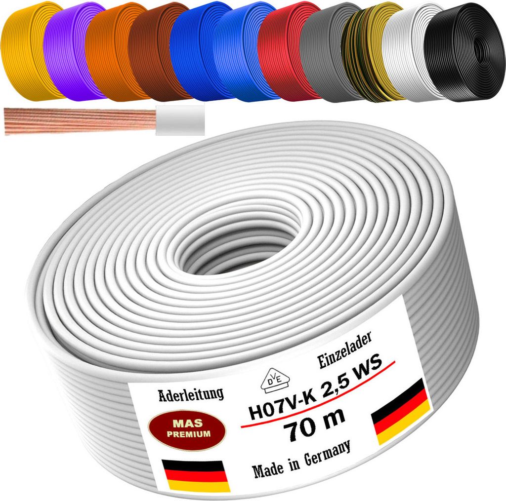 70m Aderleitung H07 V-K WS 1x2,5 mm² Weiß Einzelader flexibel