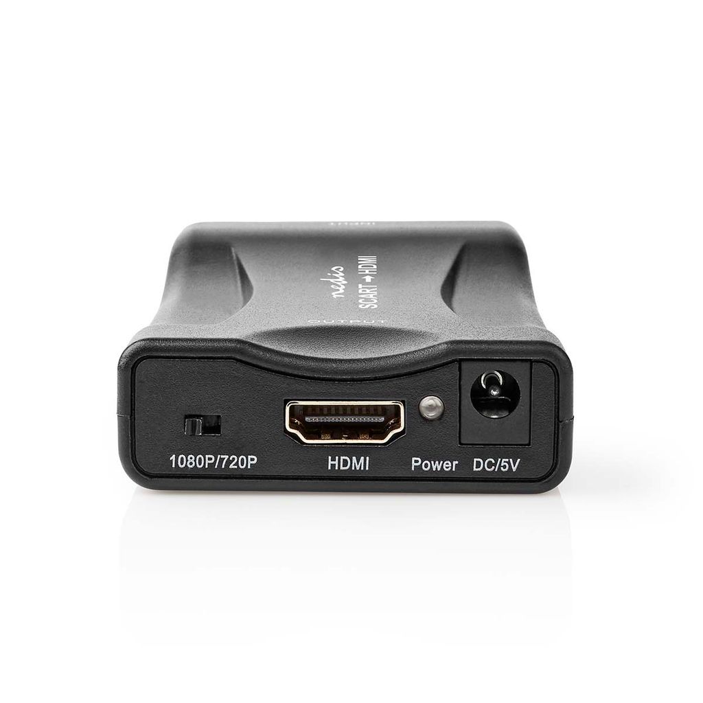 The back view of a black SCART to HDMI converter with ports and labels.