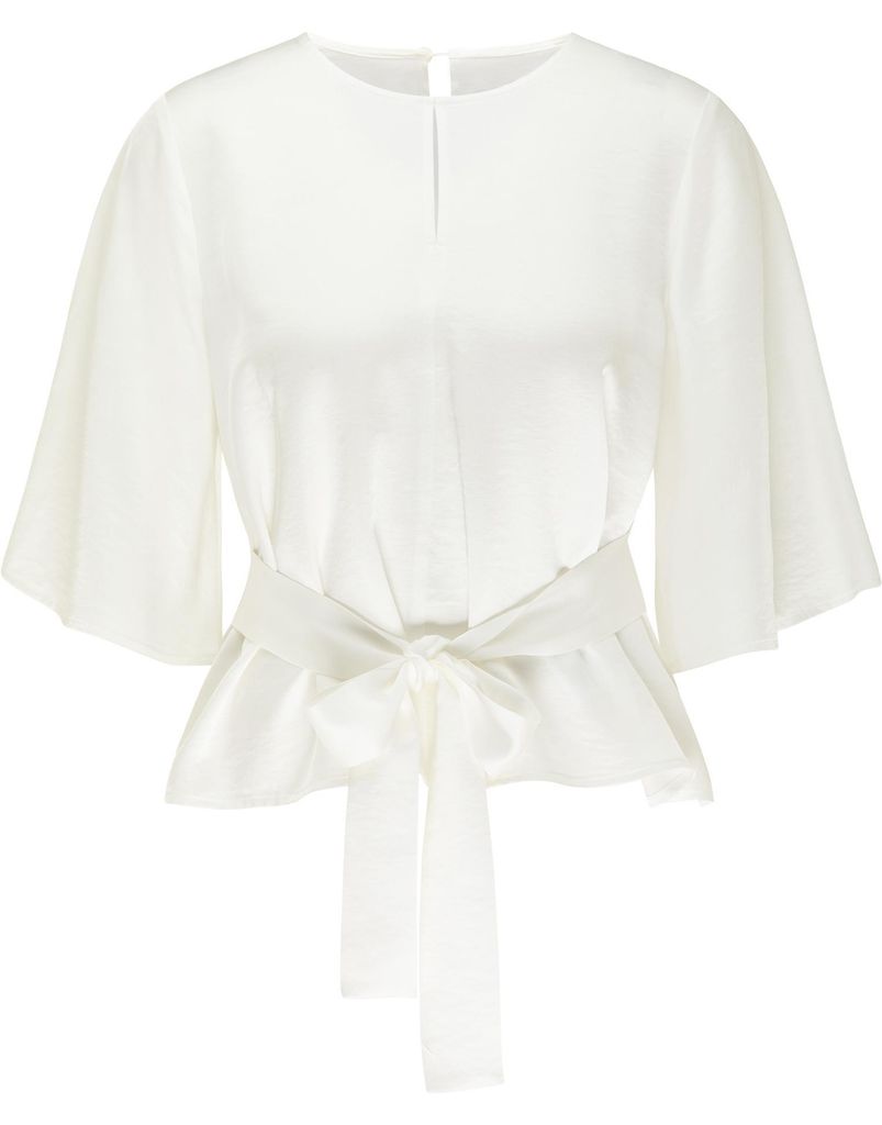 Damen Bluse weiß XL, Rundhals-Ausschnitt mit Cut-Out, Bänder am Saum