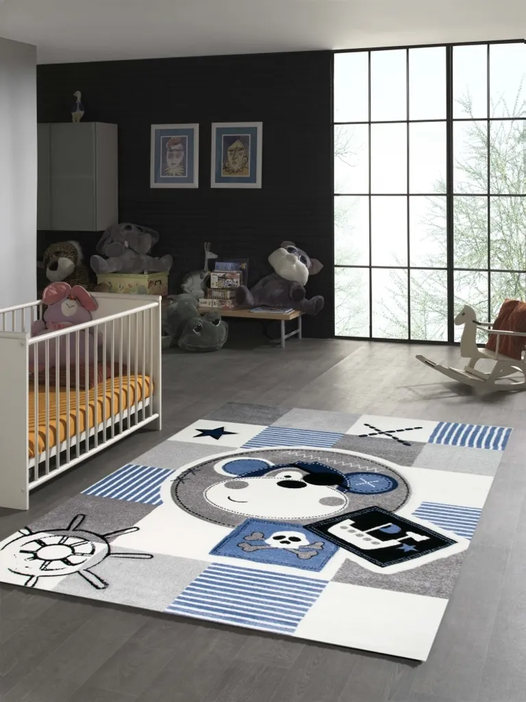 Tapis enfant bleu 160x230 cm singe pirate facile à nettoyer et robuste