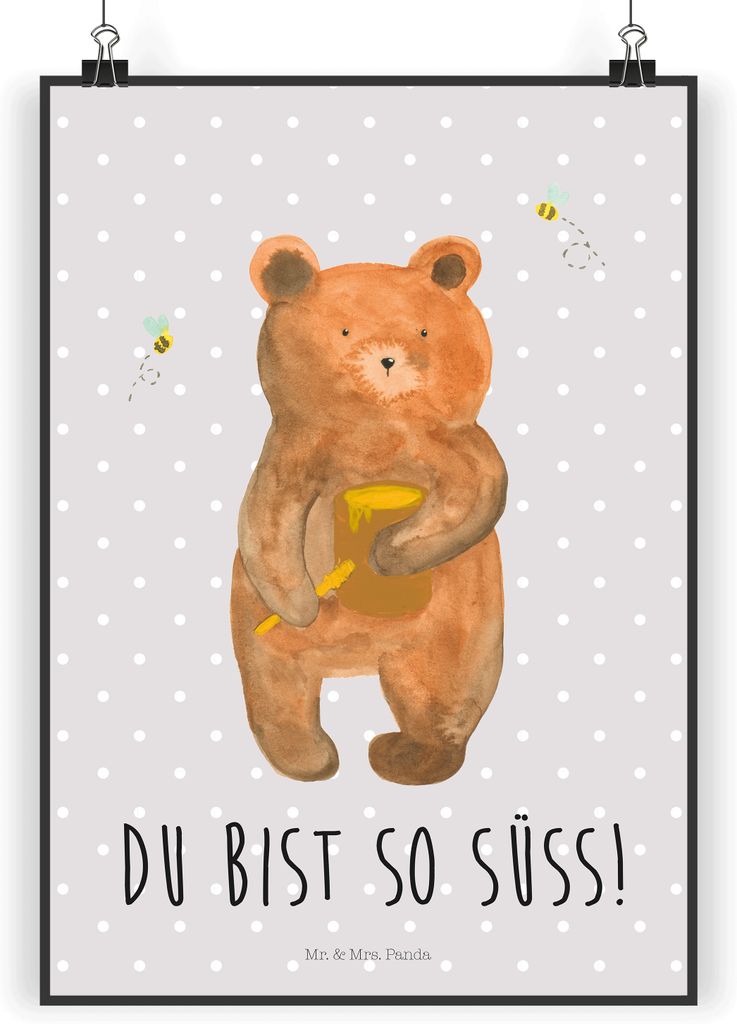 Mr. & Mrs. Panda Bild Bär Honig DIN A4 - Grau Pastell - Geschenk, Wandbild, Freund, Wanddekoration, Teddy, Posterdruck, wanddeko, Liebe, drucke, P...