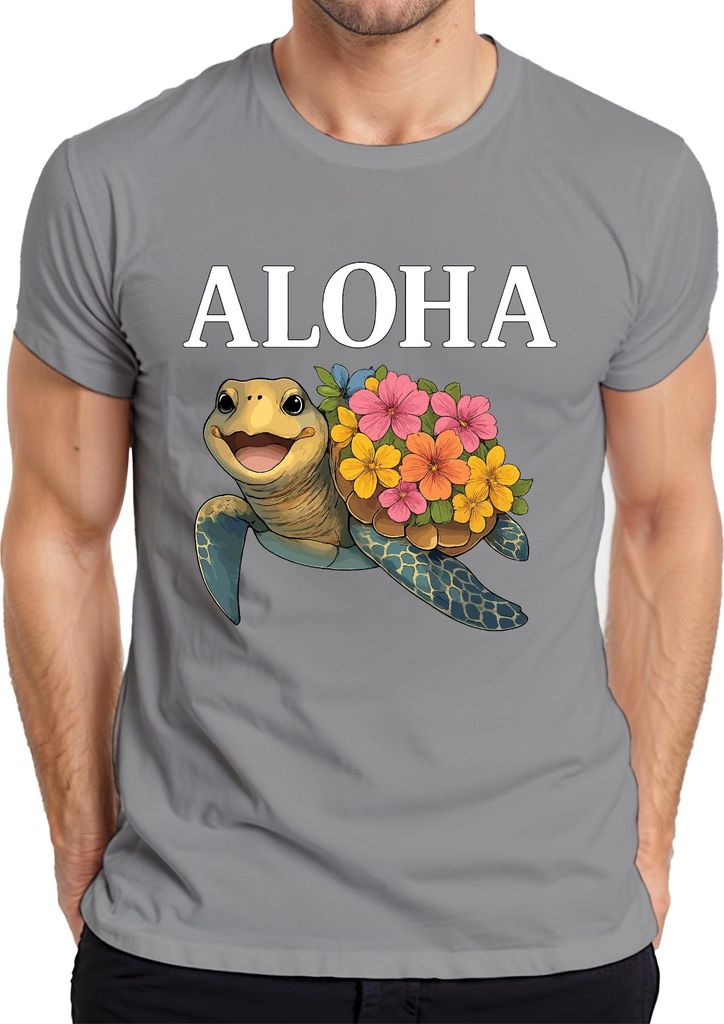 ALOHA Meeresschildkröte mit Blumen Hawaii Tropisch Sommer Strand Herren T-Shirt, Grau, 3XL