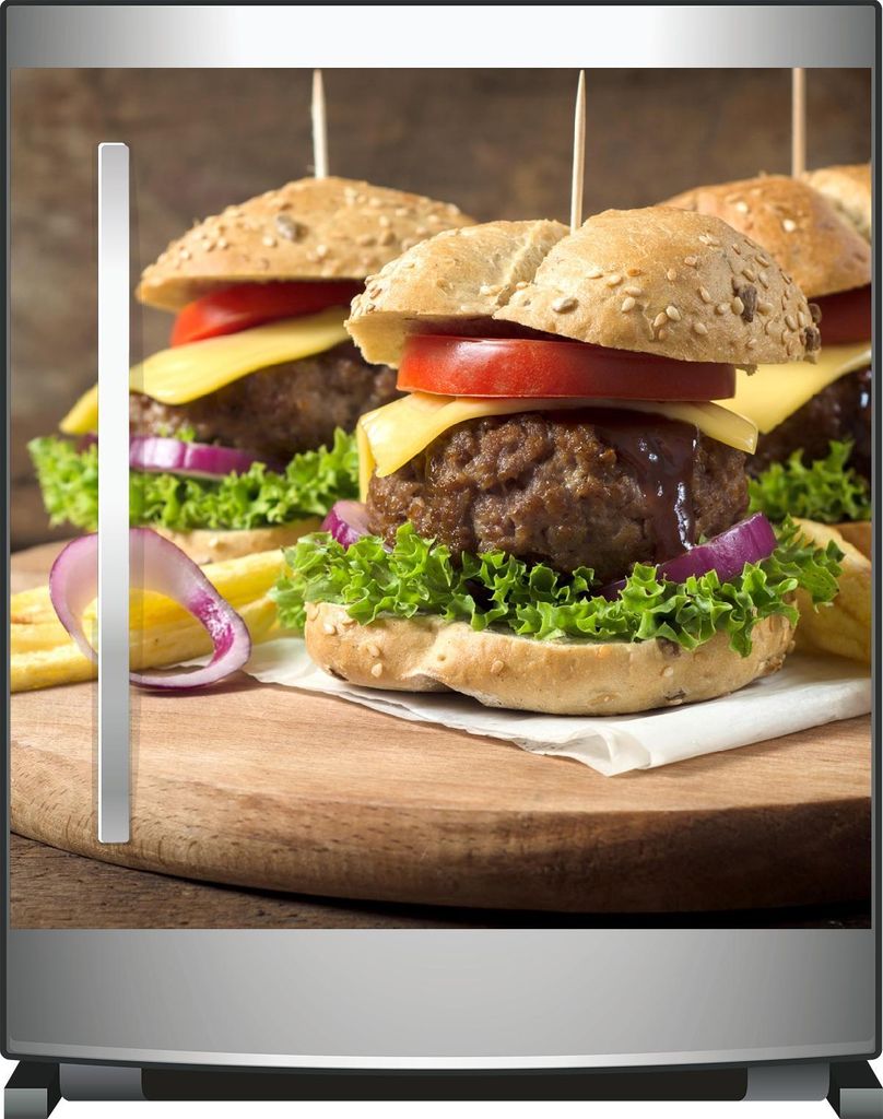 Wallario Sticker / Aufkleber für Kühlschrank / Geschirrspüler / Küchenschränke, selbstklebende Folie - 60 x 60 cm, Motiv: Saftige Burger auf H...