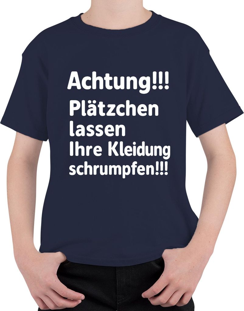 Achtung Plätzchen lassen schrumpfen Weihnachten Backen Humor Uni Kinder T-Shirt, Navy, 104