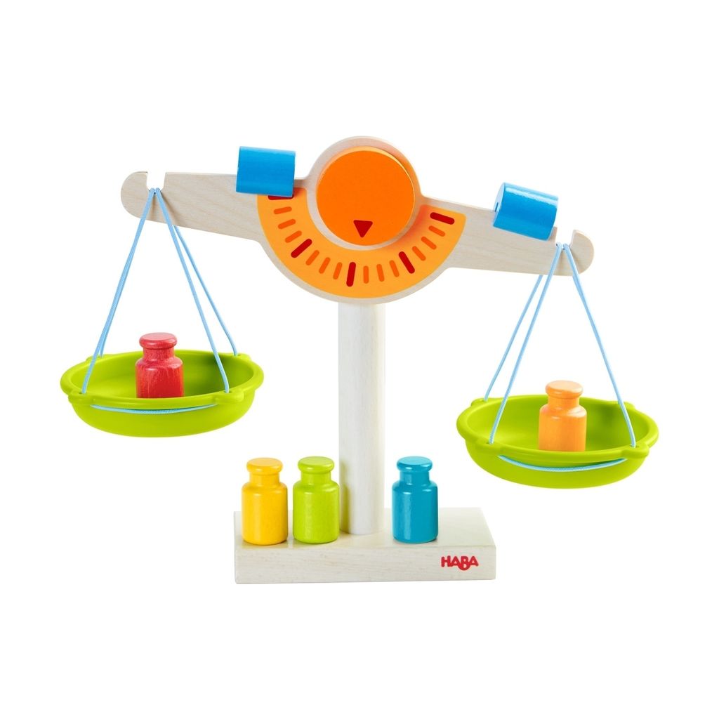 HABA 302639 - Kaufladen-Waage | Waage für Kaufmannsladen aus Holz mit zwei Waagschalen aus Kunststoff, 5 Messgewichten und 2 Ausgleichsgewichten |...