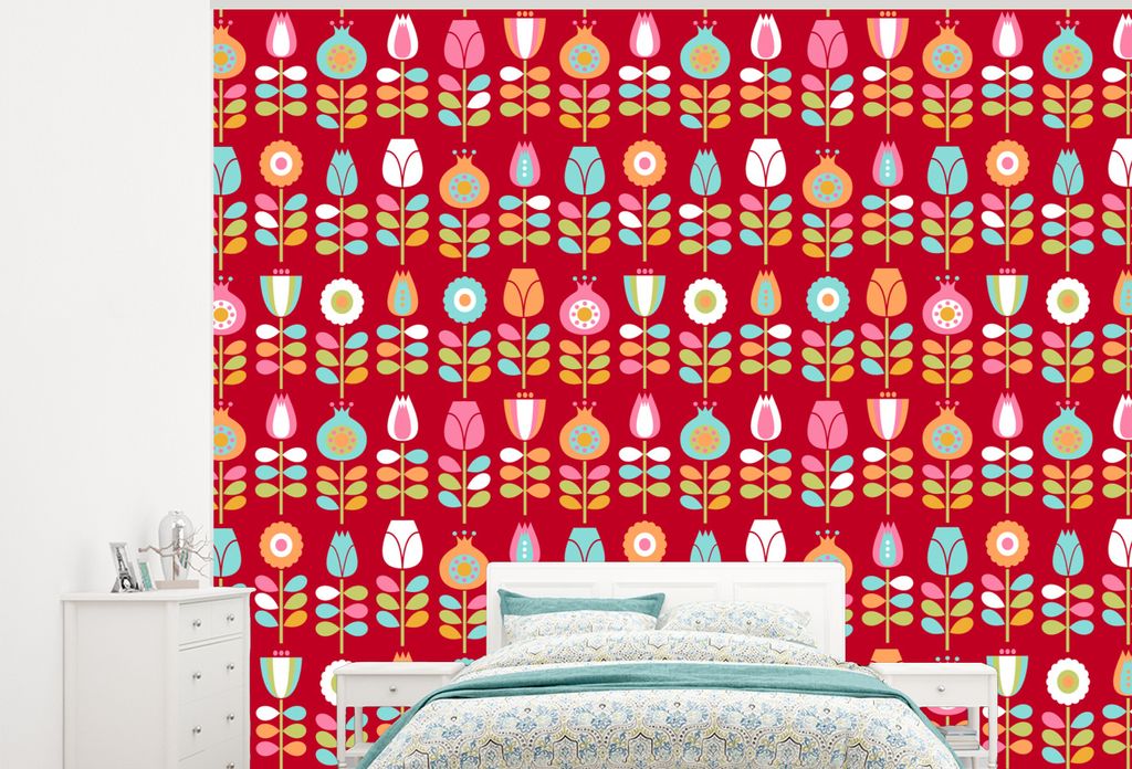 MuchoWow Fototapete für Wohnzimmer oder Schlafzimmer Wandtapete Vinyl Motivtapete Muster - Blumen - Retro - Rot - 300x240 cm - Fototapeten