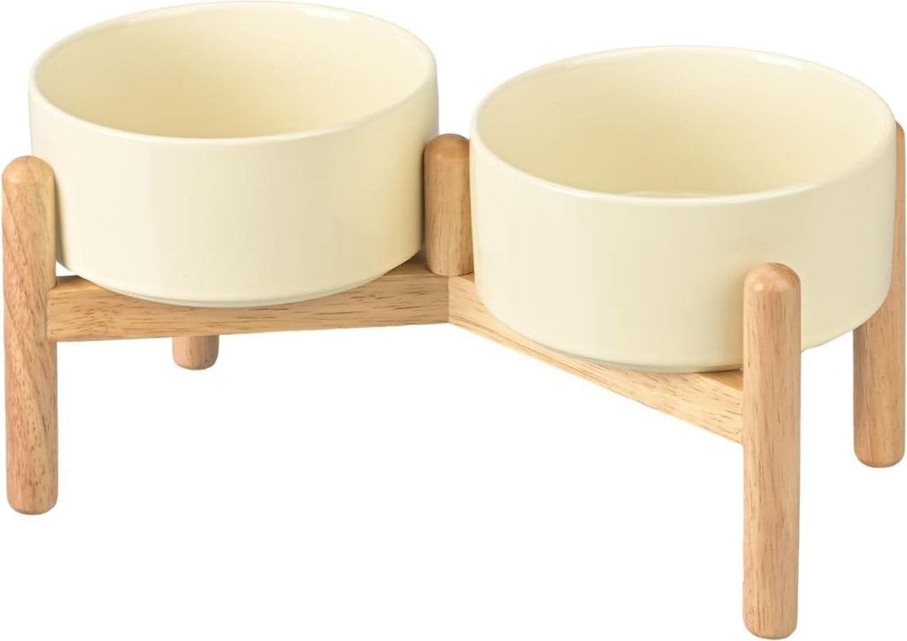 Erhöhte Keramische Hundenapf Wasserbehälter mit Bambusständer - Geeignet für Mittelgroße und Große Hunde - 850 ml Beige
