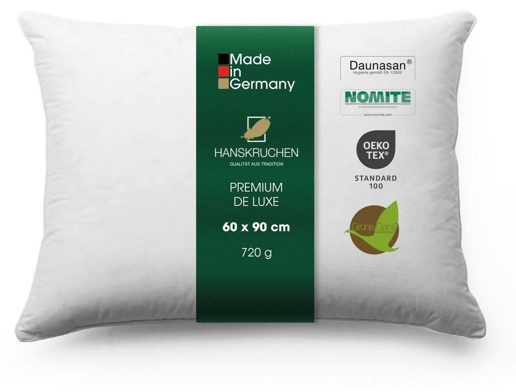 HANSKRUCHEN Schlafkissen 60x90 cm Allergiker freundlich 3 Kammern 90% Daunen Kopfkissen waschbar PREMIUM DE LUXE - Germany