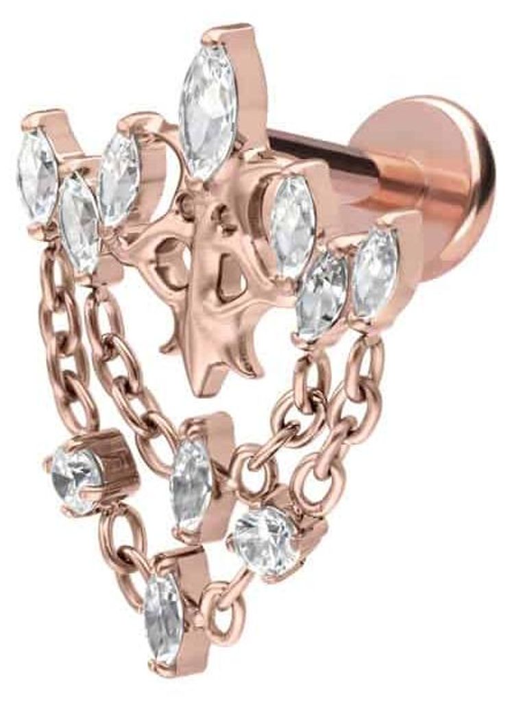 Ohrpiercing, Nasenpiercing Titan Labret mit Push Fit GOTISCHE KRONE + KETTEN RoséGold Stablänge: 7mm | Stabstärke: 1,2mm