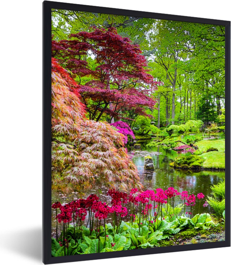 MuchoWow Gerahmtes Poster Bäume - Blumen - Japanisch - Natur - Wasser 30x40 cm - Poster mit Schwarzem Bilderrahmen Wandposter Rahmen Foto Bilder...