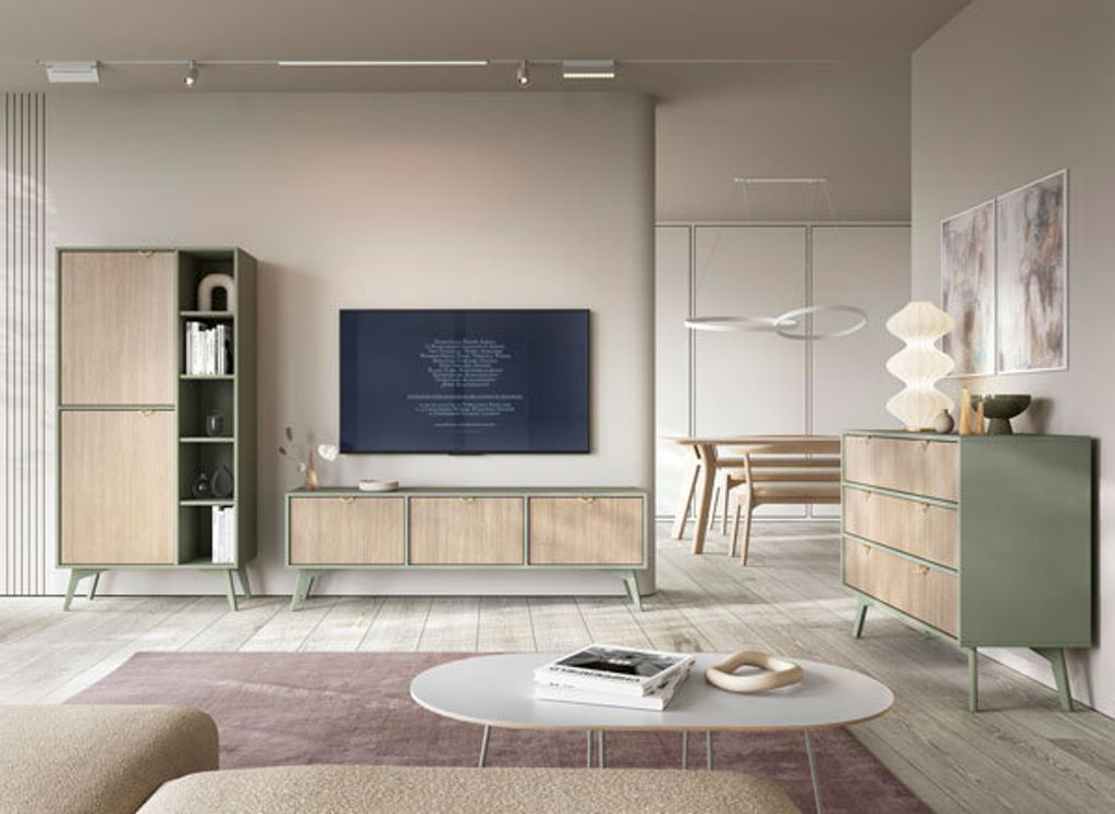 Wohnzimmer-Set Wohnwand Forest 3-teilig eukalyptusgrün Herringbone Skandi