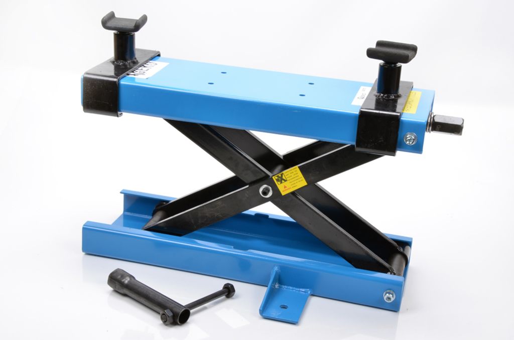 A blue and black scissor jack for motorcycles, shown on a white background with its accessories.