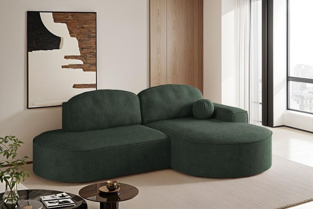 Kaiser Möbel Ecksofa mit Schlaffunktion und Bettkasten Modena Runden stoff Poso Grün Rechts