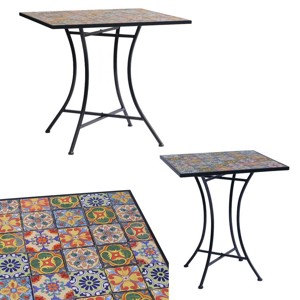 A mosaic table and a close-up of mosaic tiles.