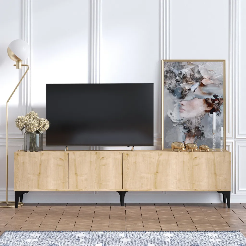 Meuble TV 180 cm finition chêne saphir avec larges rangements Nora