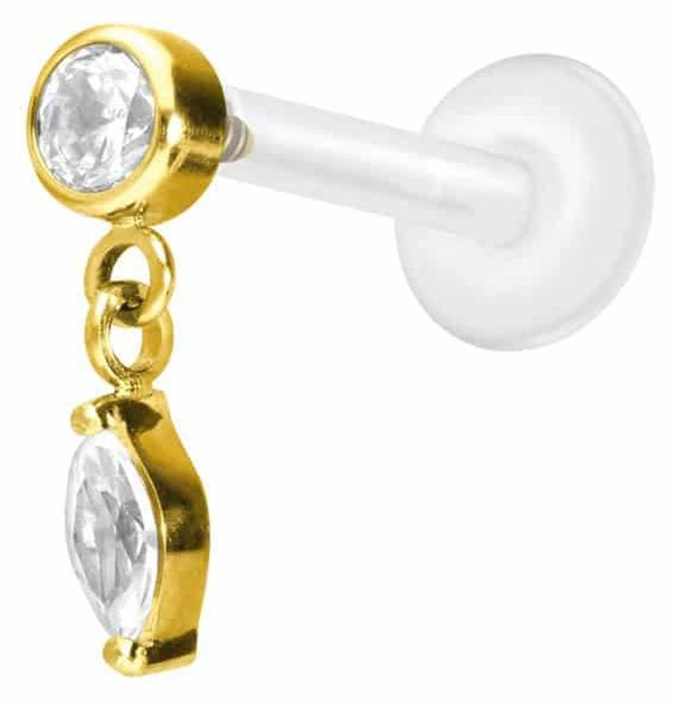 Ohrpiercing, Nasenpiercing PTFE Labret mit Innengewinde + Titan-Aufsatz KRISTALL + KRISTALLTROPFEN Gold Stablänge: 9mm | Stabstärke: 1,2mm