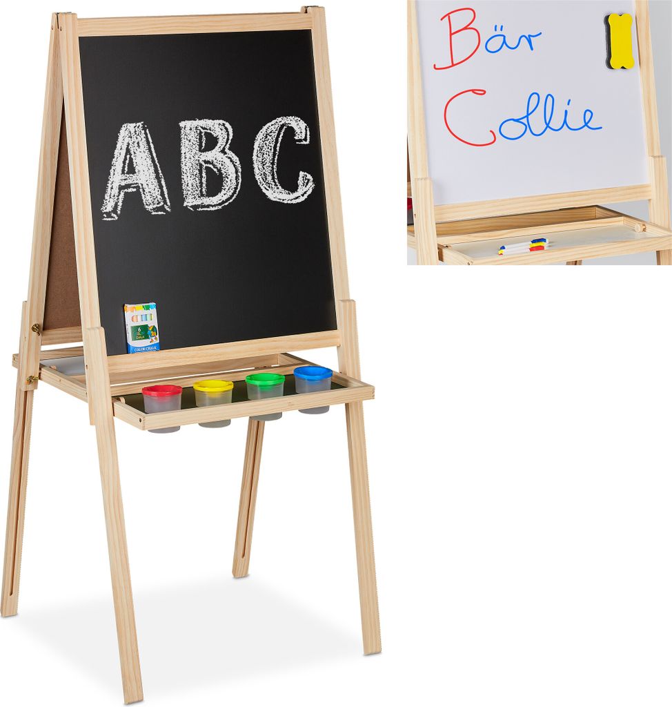 Relaxdays Kindertafel 2 in 1, Kreide- & Magnettafel, höhenverstellbare Standtafel mit Zubehör, Holztafel Kinder, natur