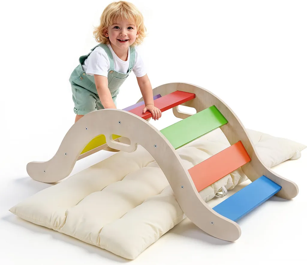 Giocattolo da arrampicata Montessori 2 in 1 - Triangolo da arrampicata - Per interni - Legno - Con imbottitura in schiuma - Per bambini da 0 a 3 anni - Sviluppo delle capacità motorie - Giallo chiaro